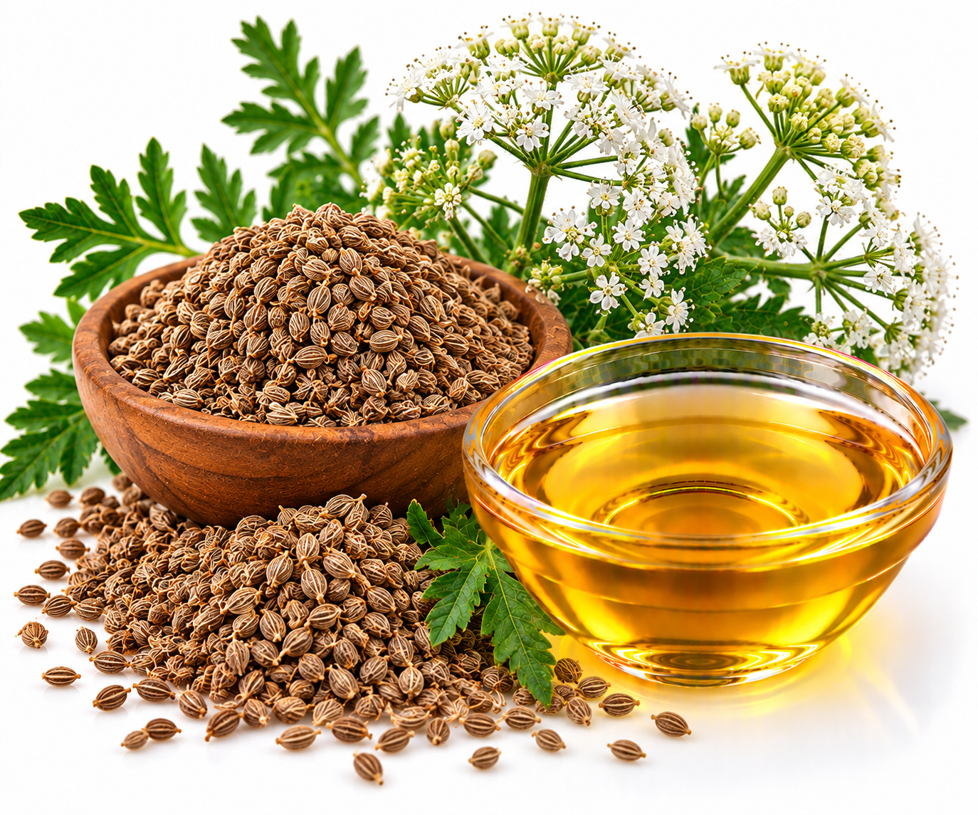 Ajowan Seeds Flowers and Golden Oil